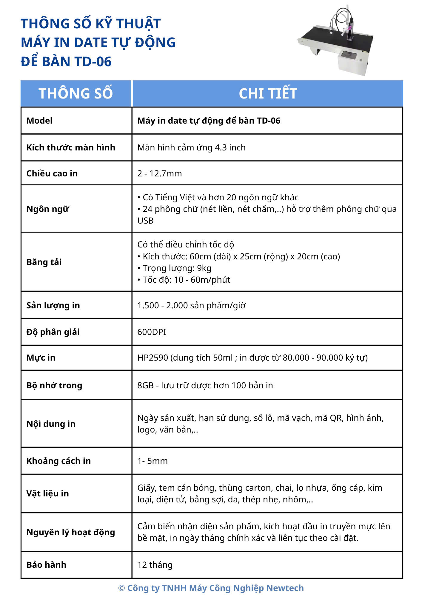 Bảng thông số máy TD-6